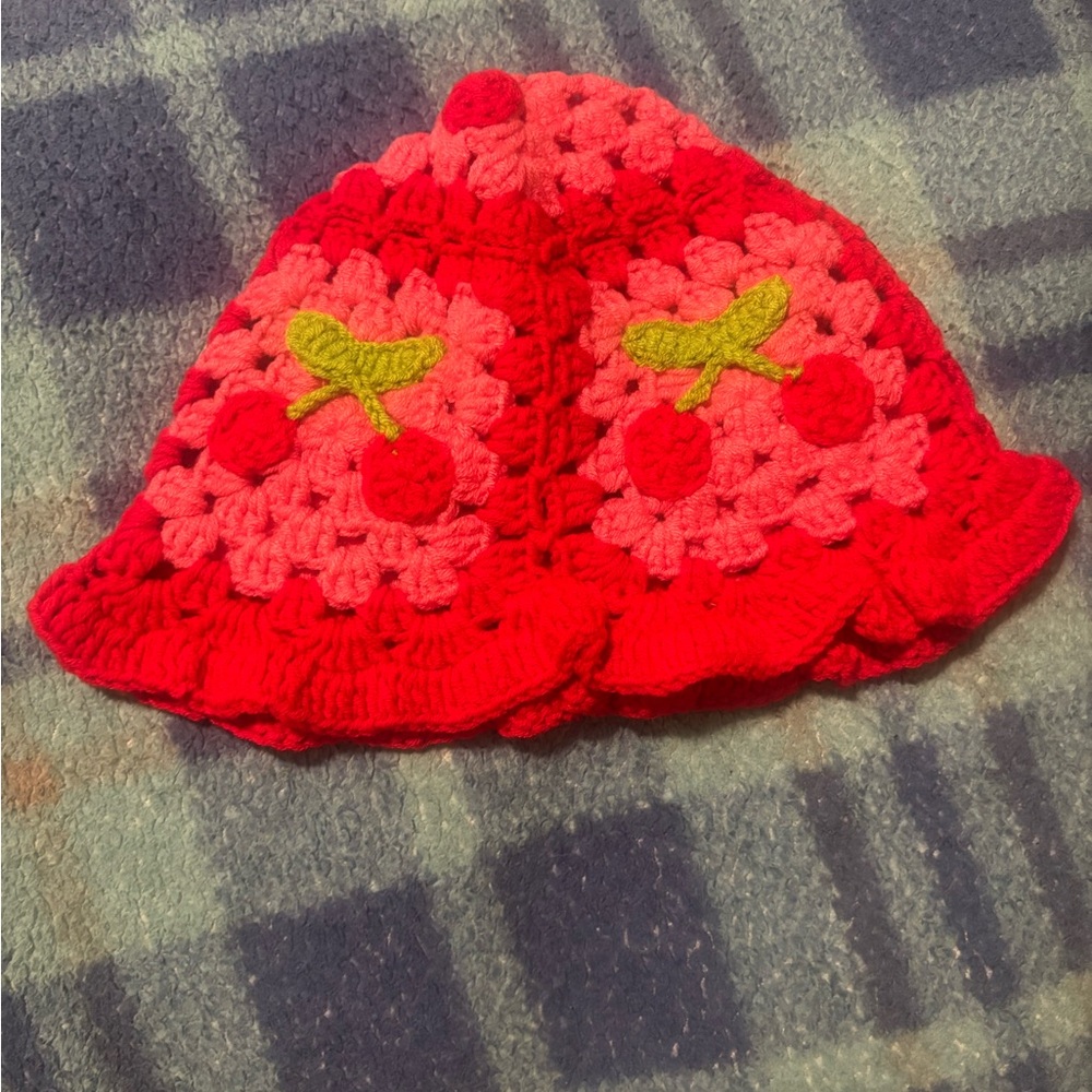 Cherry Crochet adult Hat - Red and Pink